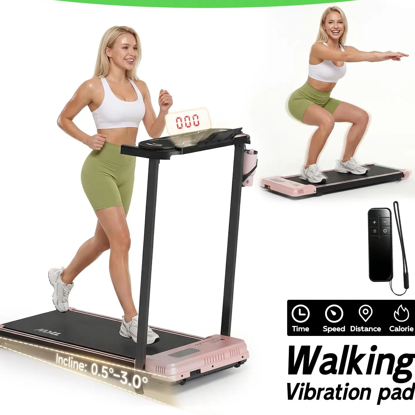 TKW Portable Walking Pad with Vibration & Handrail, Adjustable Incline, Under Desk Design, Remote Control, LED Display, 260lbs Weight Capacity Home Fitness