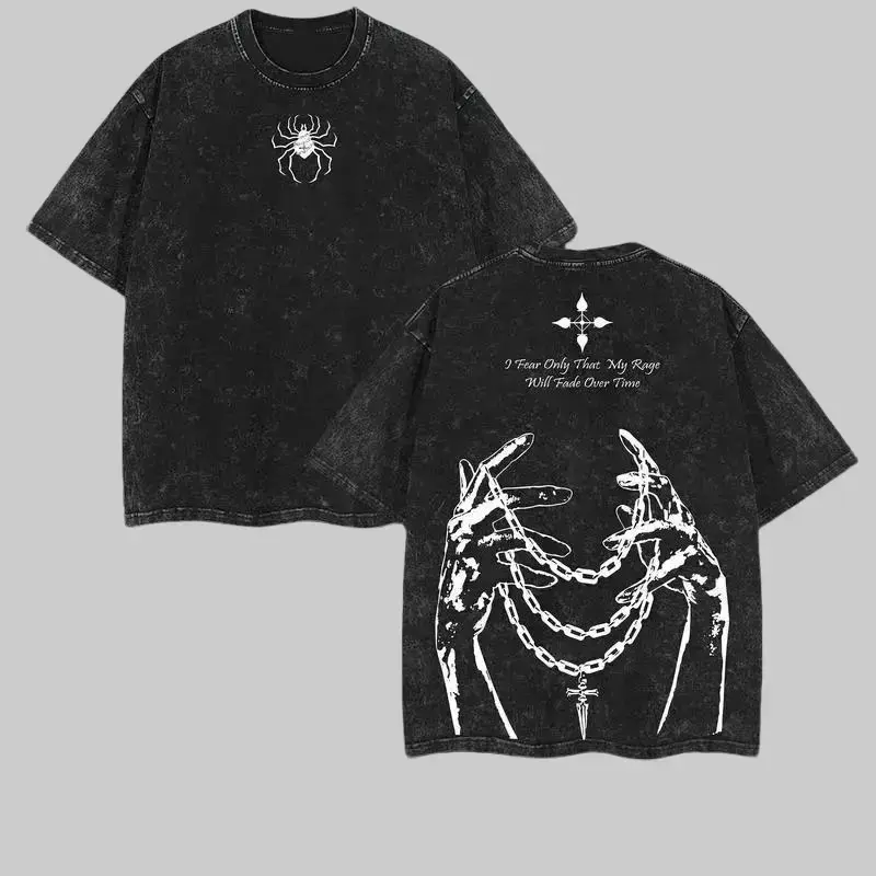 Men's Hunter x Hunter Graphic T-shirt, Stylish Vintage Acid Wash Top, Oversized Shortsleeve Cotton Streetwear with Double-Sided Print, Tshirt, Tee