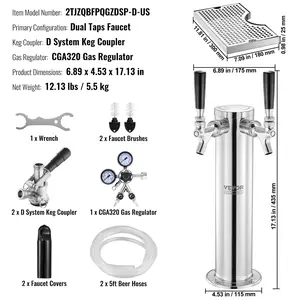 VEVOR Kegerator Tower Kit, Dual Taps Beer Conversion Kit, Stainless Steel Keg Beer Tower Dispenser with Dual Gauge CGA320 Regulator D-System Keg Coupler, Beer Drip Tray for Party Home