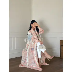 Autumn Women's Long Coat, Retro Printed Long Sleeved Muslim Abaya Saudi Fashion Wrinkled Waist Belt