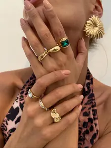 6-Piece Stylish Shiny Rhinestone Ring Set, Vintage Creative Irregular Abstract Stackable Rings, Solitaire Stackable Rings, Perfect for Ladies Everyday & Vacation Wear, Dainty Stacking Rings