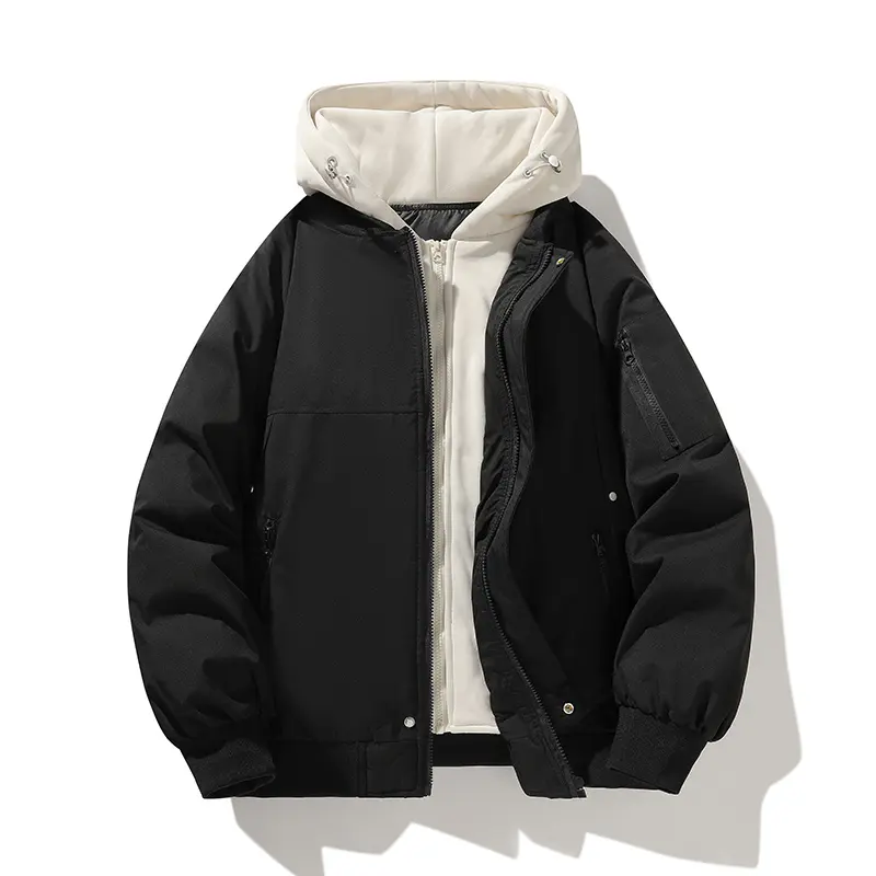 ZITY Menswear 2-Piece Fake Hooded Inflatable Jacket, Thick Warm Cotton Fabric Winter Coat, Casual Streetwear Men's Top Fabric Menswear Bomber Jeans Outdoor