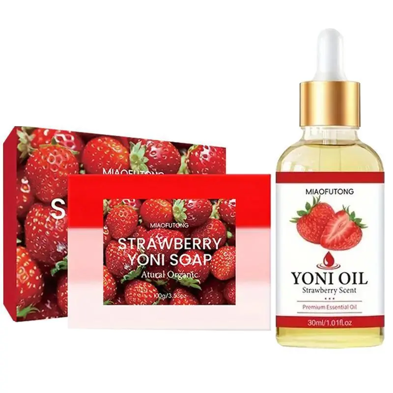 Strawberry Vaginal Moisturizing Oil & Intimate Wash Soap Set  Feminine Care Kit for Dryness Relief & Comfort Moisturizer Moisture Hydrating soap cleansing bar Gentle Lightweight Daily Soothing Sensitive Flavored Water-Based Lube