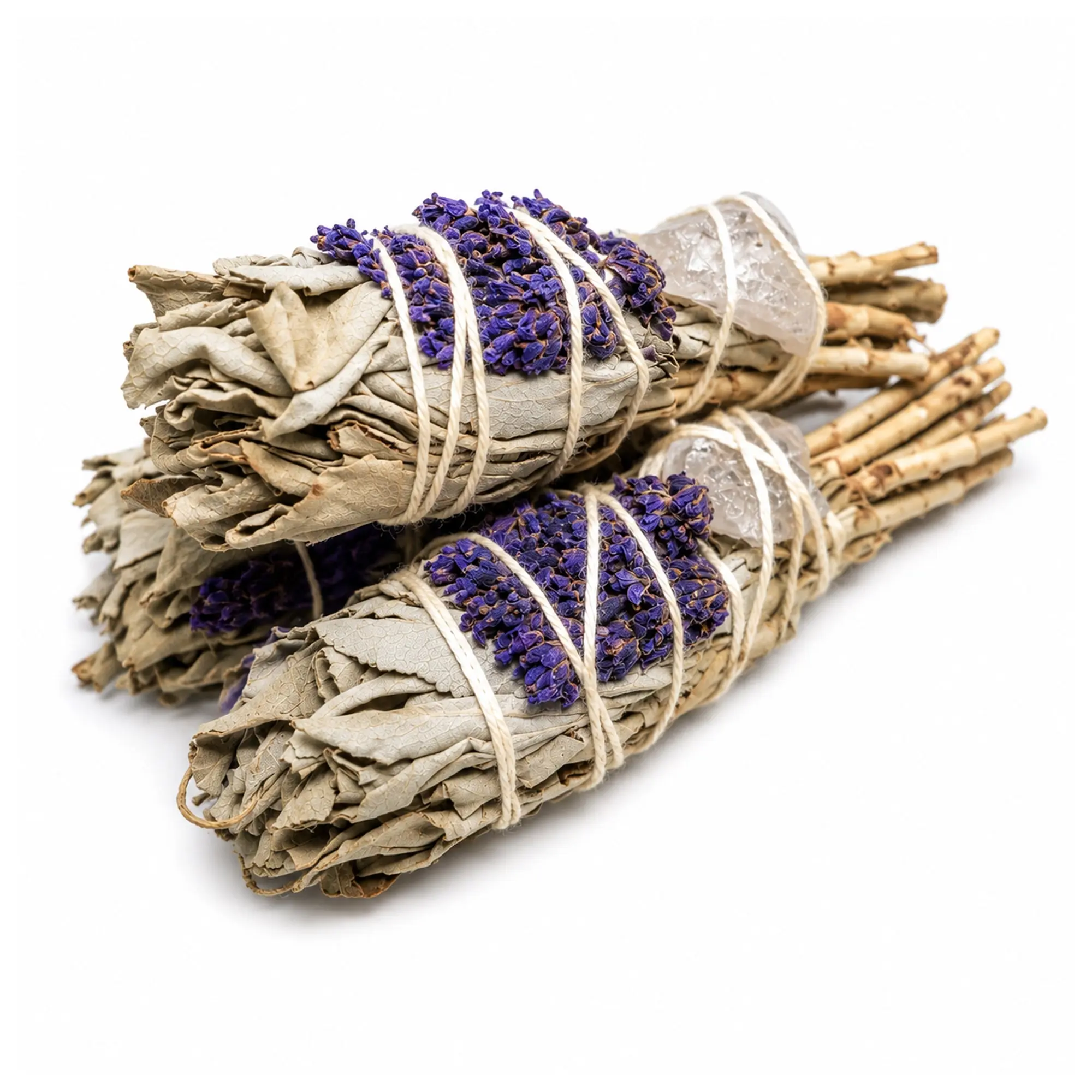 Lavender, Wildflowers, Quartz & White Sage Torch Smudge Sticks with Smudge Guide - 3 Pack