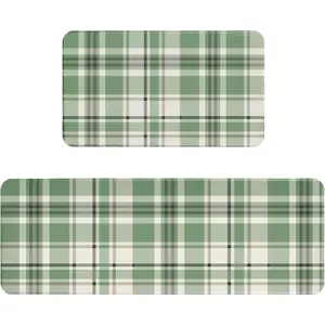 Sage Green Buffalo Plaid Kitchen Rugs Set of 2 Spring Checkered Print Modern Gingham Kitchen Mats for Floor Non Slip Neutral Farmhouse Kitchen Decor Runner Rugs, 17x47 inch and 17x30 inch
