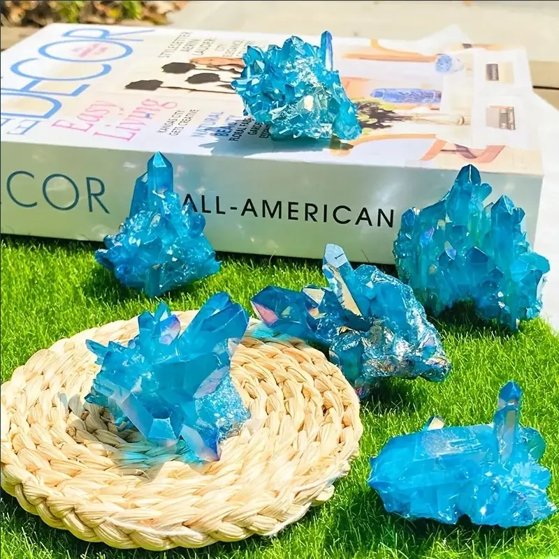 Natural Healing Crystal Raw Angel Aura Blue Quartz Geode Cluster Specimens, 80-100g, Reiki Healing Home Decor Ornaments for Collections