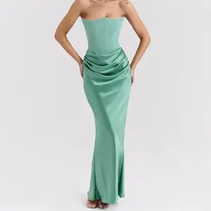 2025Newmulti-colorcorset,strapless,one-shoulder,fishbonepleated,longbody-huggingone-piecedresswithsatinfinish