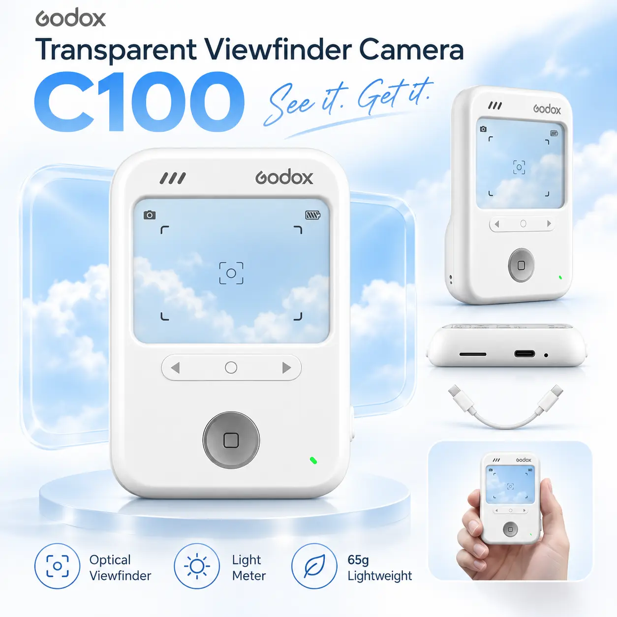 Godox C100 Transparent Viewfinder Camera, 65g Ultra Light, Blind Shooting, Screenless Pocket Camera, 4 Aspect Ratios, Built-in Light Meter, OTG Transfer