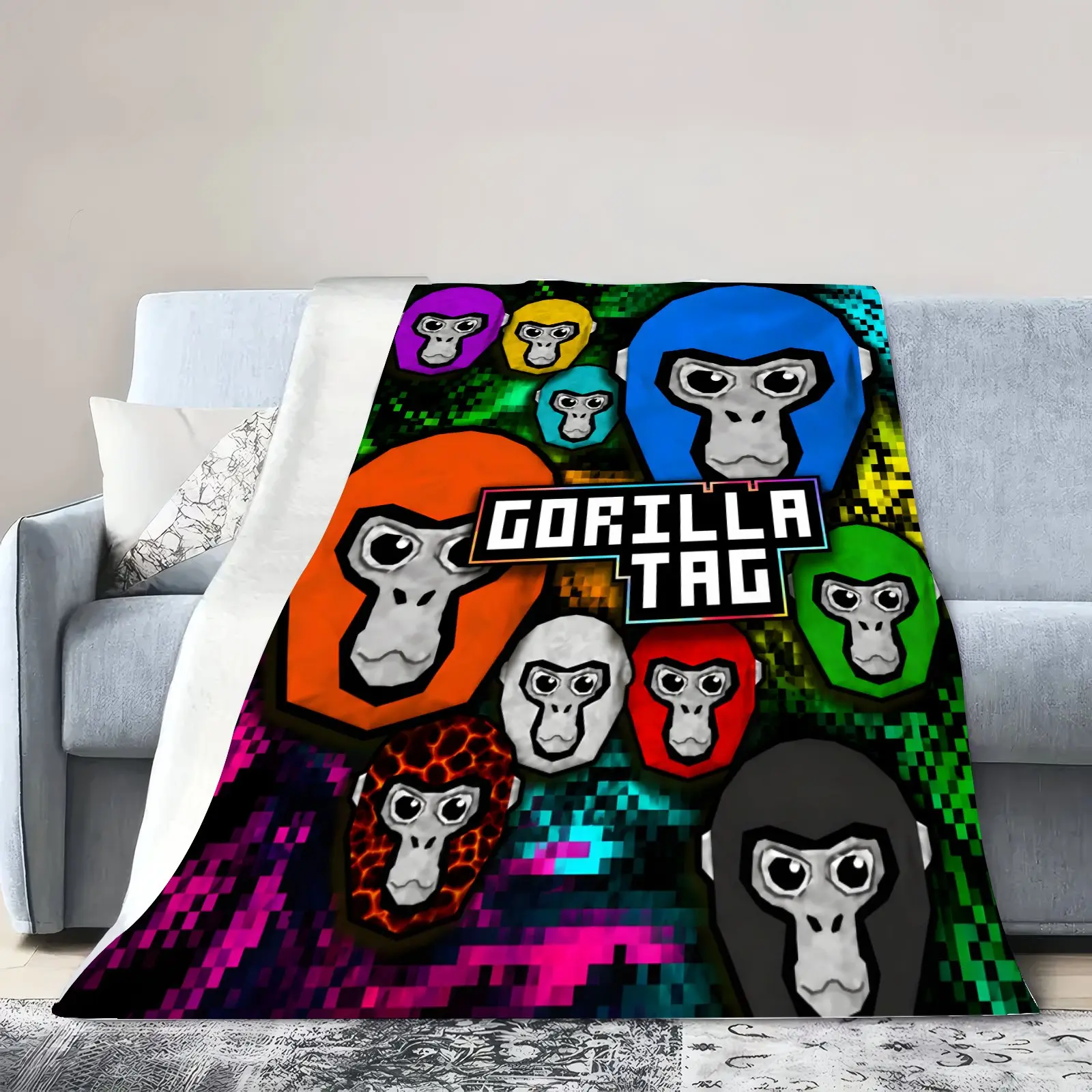 Gorilla Tag Anime Throw Blanket Funny Printed Throw Blanket Warm Cozy Blanket for Bed Sofa Couch Camping All Seasons Home Decor Room Decor Gift for Kids Teens Adults TikTok Trending Blanket Aesthetic Room Decoration Multiple Sizes Popular Gift Idea