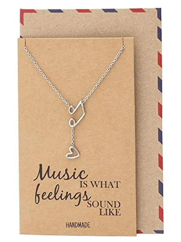 Quan Jewelry Music Note Treble Clef Necklace, Musical Jewelry Gifts for Women with Greeting Card, Rhodium Plated