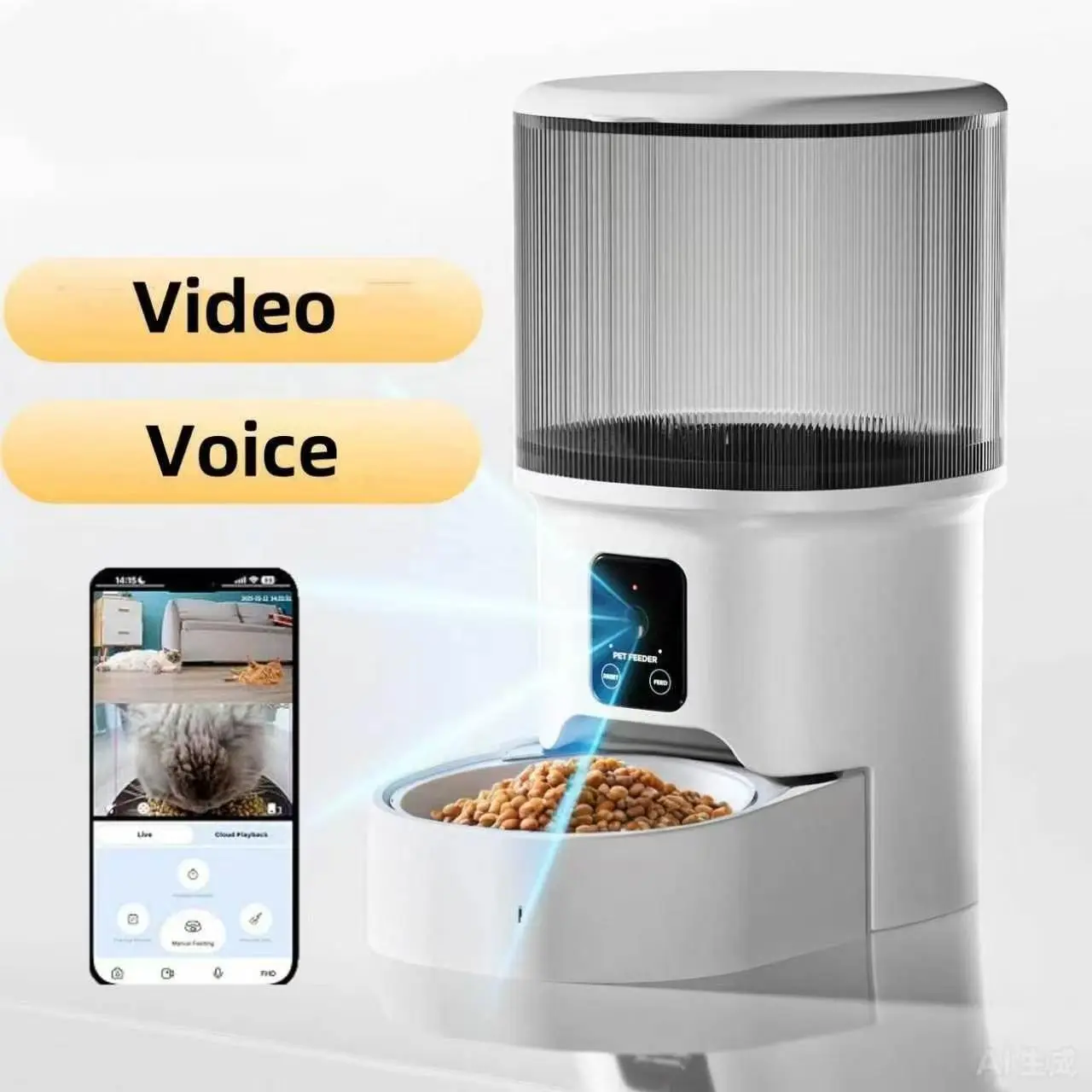 Smart Automatic Pet Food Feeder with Camera - HD Video Feature, APP Remote Control, Timed Feed, Remote Voice Control, Portion Dispenser for Cats, Dogs, Busy Owners