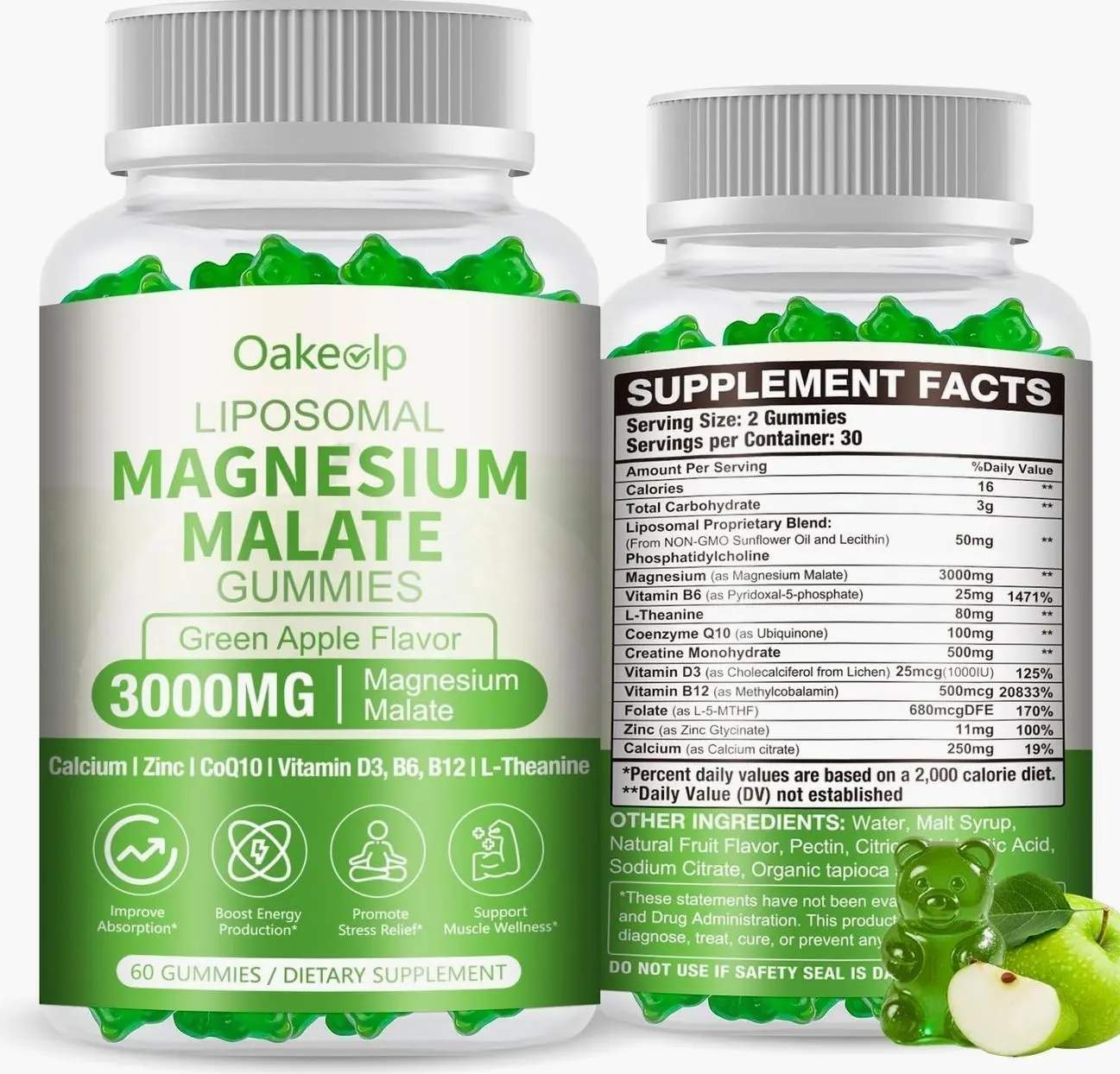 Liposomal 3000mg Magnesium Malate Gummies Supplement,Complex Creatine Monohydrate,Folate, Active B12 & D3, L-Theanine & CoQ10, for Stress Relief,Methylation, Energy, Muscle & Calm