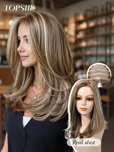 Topshe 18-Inch Mono6.5*5.5 High-Definition Lace Front Wig, Layered Highlights, Straight Medium Length, Suitable for All Occasions, Synthetic Lace Front, Straight Wigs, Natural Looking Wig
