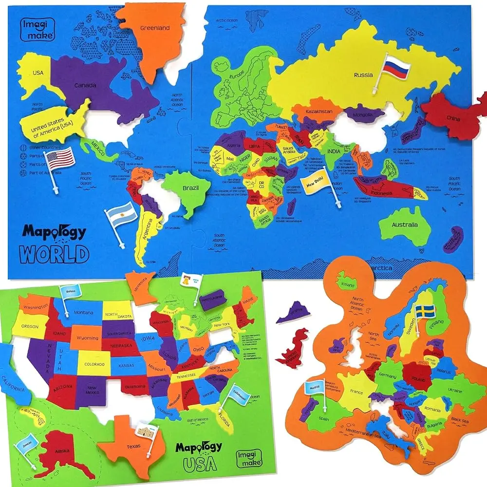 Imagimake Mapology USA & World Map Puzzle with Flags, Capitals, Stickers | Educational Toys for Ages 5-12 | Jigsaw Puzzles for Kids Ages 8-10 | Geography Toys for Age 8-13 | 6 Year Old Boy & Girl Gifts