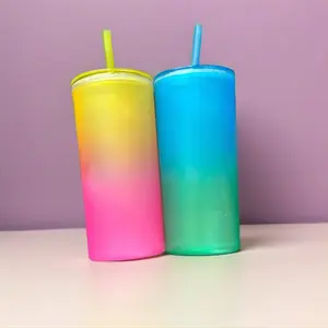 Gradient Color Tumbler with Straw - Vibrant Orange to Pink Fade - Perfect for Cold Beverages Bottle Drinkware Water Bottles Reusable Love Thermos Valentine's