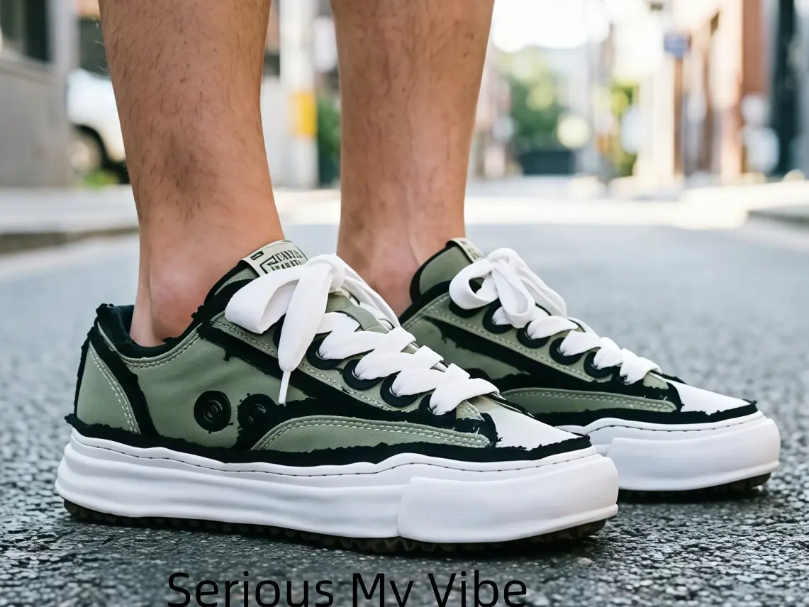 Avant-Garde Deconstructed Shoes in Army Green – Hand-Molded "Dissolved" Bottom Design Creates a One-of-a-Kind Silhouette, Unisex Chunky Sneakers with Metal Side Badge, Ideal for Streetwear Styling and Making a Bold Fashion Statement.