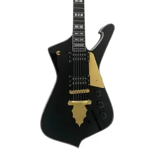 Iceman Style Electric Guitar, Black Body, Abalone Binding, Chrome Hardware