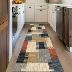 Bohemian Plaid Runner Rug - 1 Stone Base Color Decorative Mat for Hallway, Bedroom, Kitchen, Bathroom