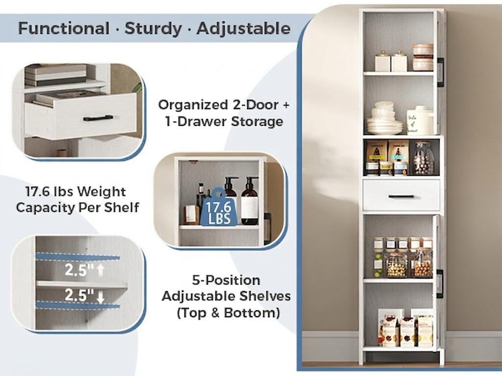 【Back to School】Sweetcrispy Slim Pantry Storage Cabinet, 67" Tall Freestanding Kitchen Cabinet with Drawer and 5-Level Adjustable Shelves, Modern Barn Door Linen Tower for Bathroom, Bedroom, Living Room, White, Storage Organization, Room Storage