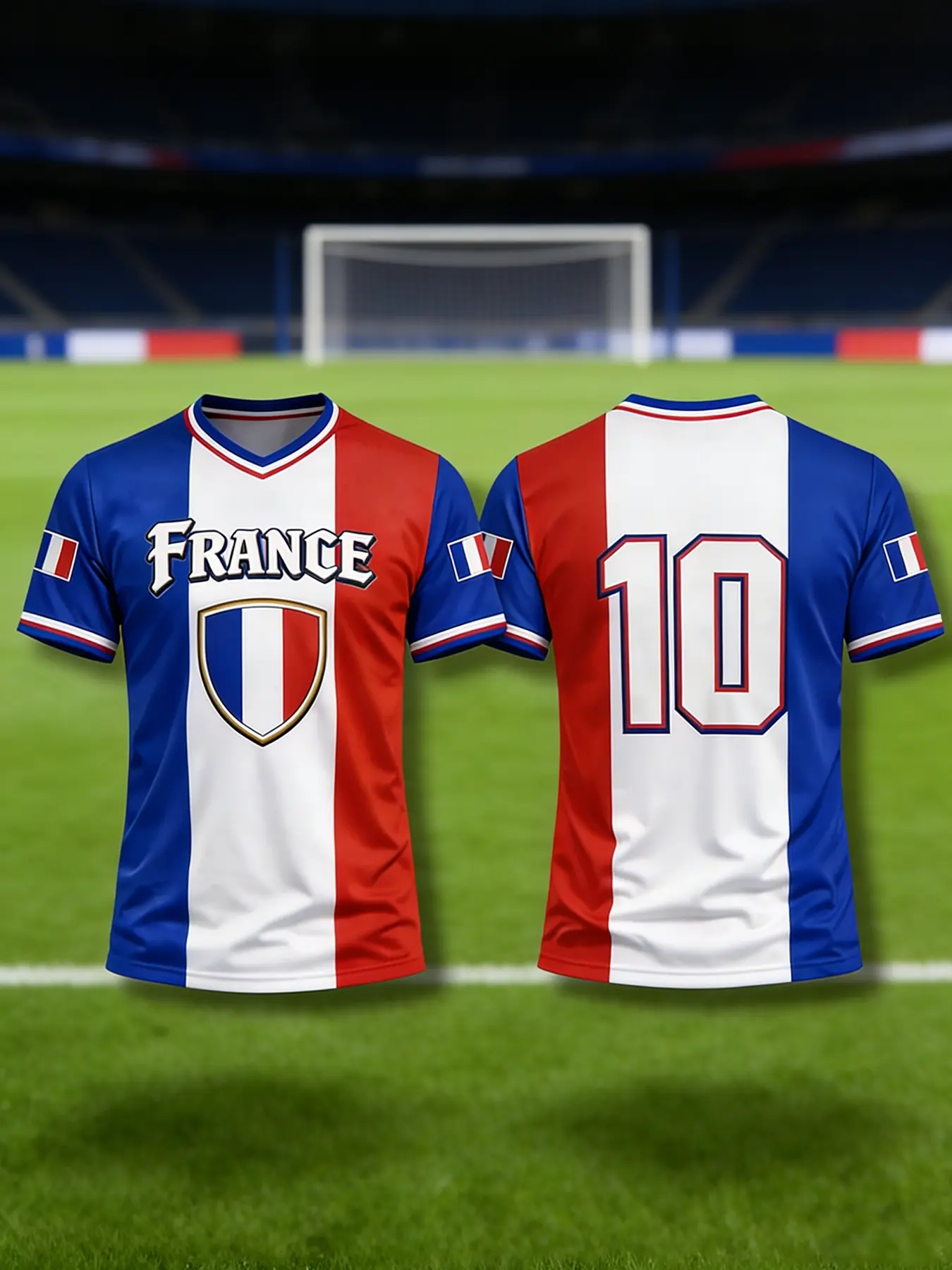 Blue, white and red striped football jersey, French team emblem short-sleeved training shirt, Euro Cup national team themed jersey, 3D printed 10th number vintage uniform, Quick-drying and breathable football T-shirt, Jersey Shirts