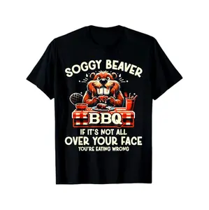 Funny Soggy Beaver BBQ Lover Cotton T-Shirt Featuring Playful Cartoon Design