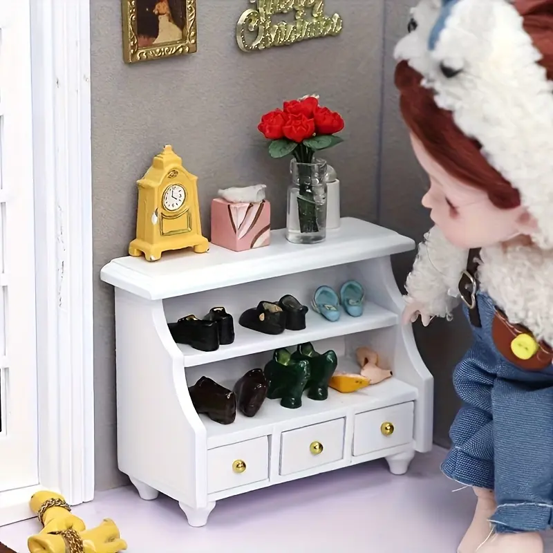 Elegant White Mini Wooden Wall Cabinet with Gold Handles 1:12 Scale Miniature Furniture for Dollhouse DIY Photography, Perfect Christmas New Year Gift