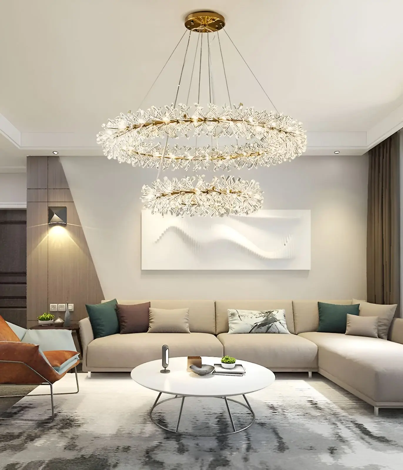 THM Double Layer Crystal Flower Chandelier - Luxury LED Lighting Fixture, 31.5x15.7 in, Adjustable Height, Three-Color Modes for Living Room, Bedroom, Dining Room, Foyer, Lobby & Entrance