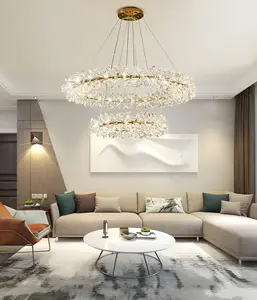 THM Double Layer Crystal Flower Chandelier - Luxury LED Lighting Fixture, 31.5x15.7 in, Adjustable Height, Three-Color Modes for Living Room, Bedroom, Dining Room, Foyer, Lobby & Entrance