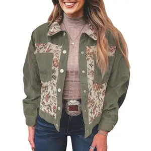 Asvivid Women's Ribbed Retro Floral Patchwork Shirt Style Jacket Casual Long Sleeve Vintage Coats Spring Outfits