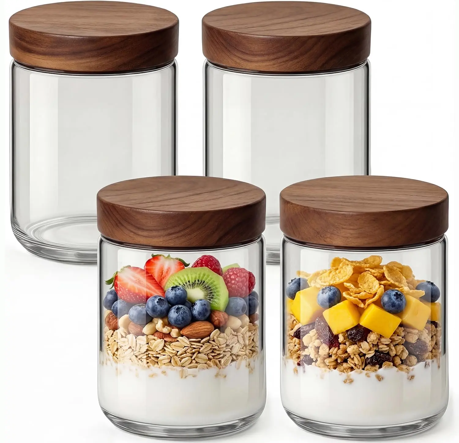 16oz 4 Pack Overnight Oats Containers with Lids,Salad Jar,Glass Mason Jars with Acacia Wood Airtight Lids,Wide Mouth Meal Prep Storage Jars for Yogurt, Chia Pudding, Salad, Parfait, Snacks, Spice,Meal Prep