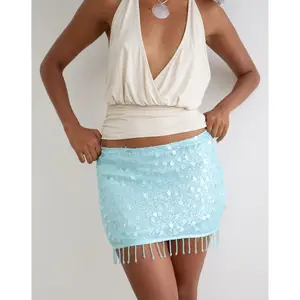 Gasenda Mini Skirt in Net Sequin Blue with Beaded Hem