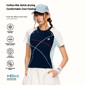 PSO Women's Sports Logo Stitching Contrast Color Line round Neck Short Sleeve Tee shirts women TLG104-1