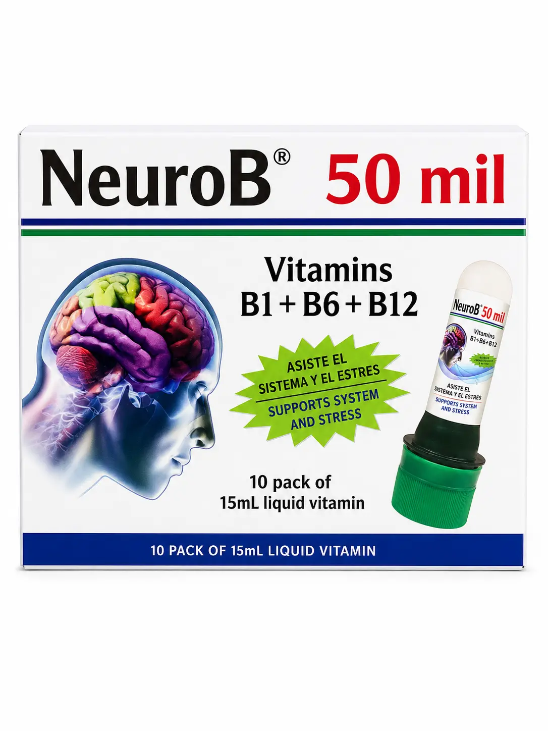 NeuroB de 50 - Vitamina del Complejo B Bebible - Paquete de 10 - Vitamin B1 + B6 + B12 Complex - 10 Pack of 15mL Liquid Vitamin - Supports System - Daily Use