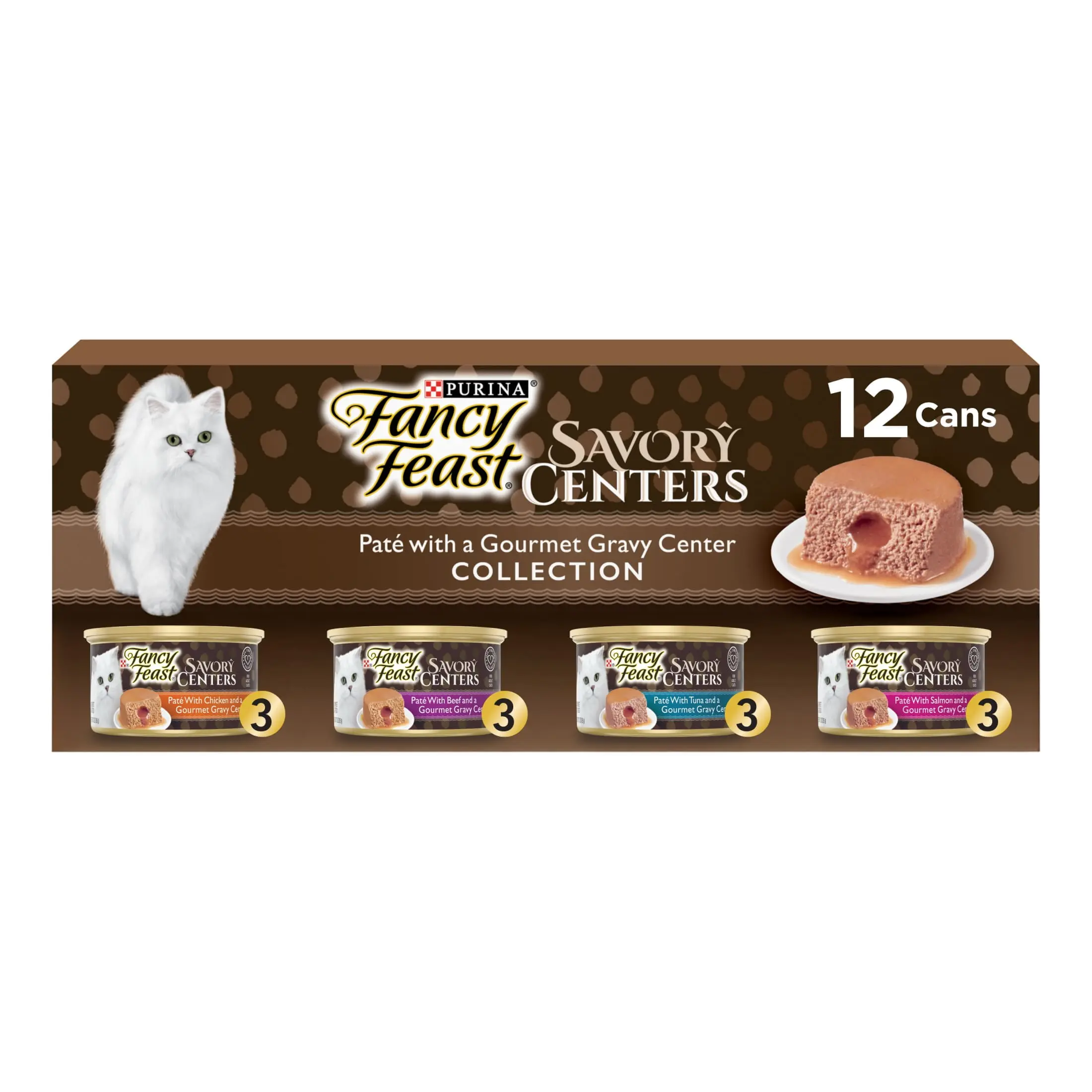 Purina Fancy Feast Savory Centers Wet Cat Food Pate Variety Pack With Chicken, Salmon, Beef, and Tuna Pate with Gravy Center, 3 oz Cans (12 Pack)