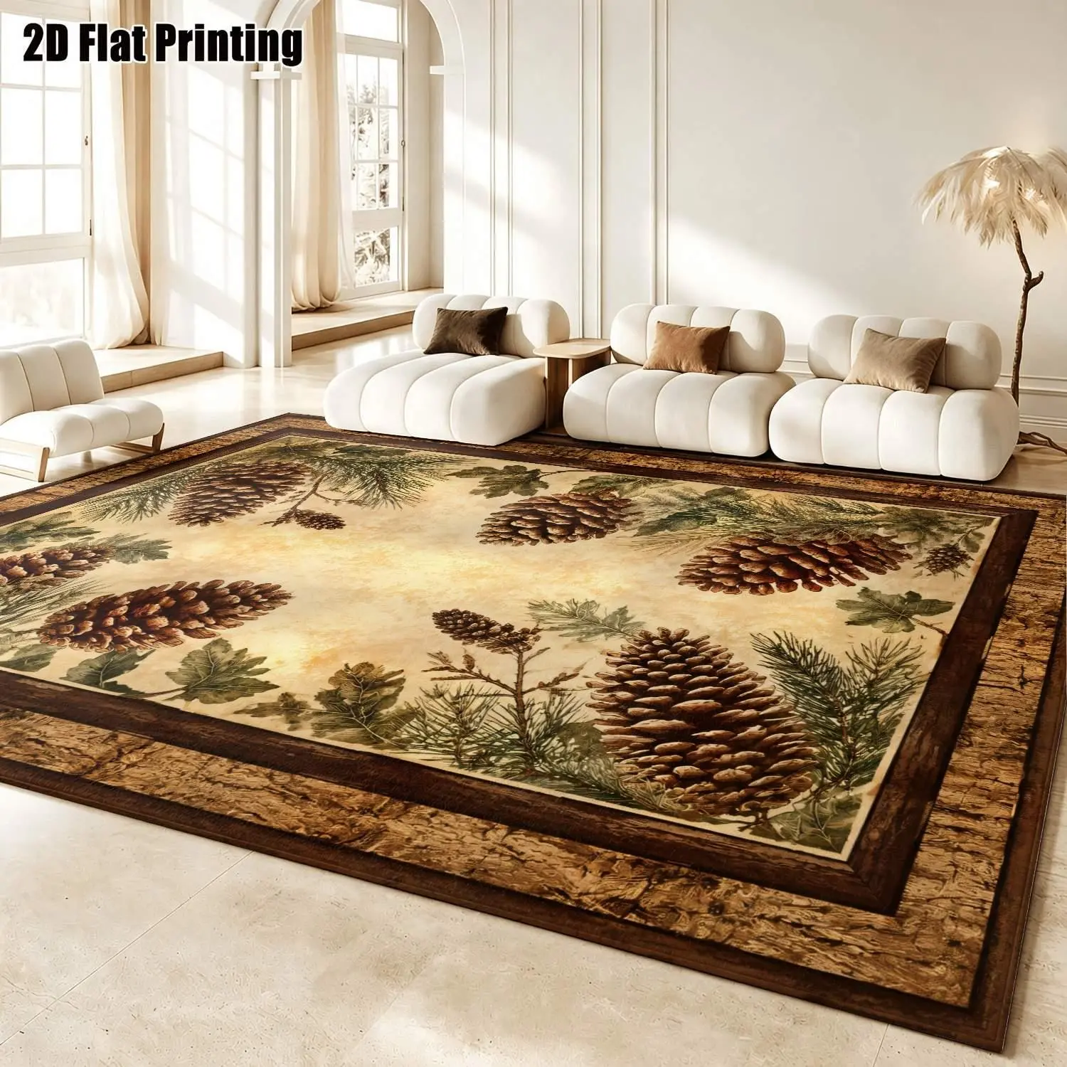 Large indoor area rug, soft velvet low pile with non-slip dotted backing, machine washable, rustic vintage pine cone & pine branch design, ideal for living room, bedroom, cabin home decor