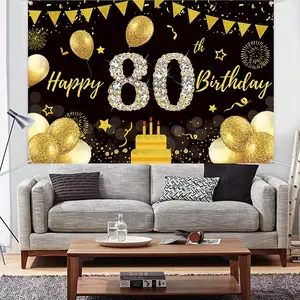 80th Birthday Party Backdrop Banner - Black & Golden Glittery "80" Number Sign with "Happy 80th Birthday" Text, Balloons & Cake Design for Men & Women, Polyester Photo Booth Background for Milestone Celebrations, Birthday Party Decorations White