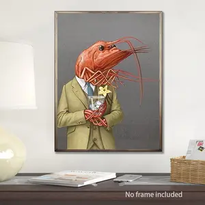 Funny Shrimp in Suit Canvas Print, Whimsical Seafood-Themed Wall Art, Frameless Oil Painting Replica for Home Decor, Versatile for Living Room, Study, Kids' Room, Office, 1 Piece, 12 x 16 inches