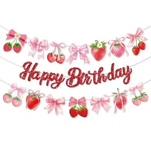 1Set Strawberry Bow Birthday Bunting – 3Pcs Fruit Strawberry Theme Party Hanging Banner for Girls Birthday, Spring Party & Dessert Table Decor, Decoration