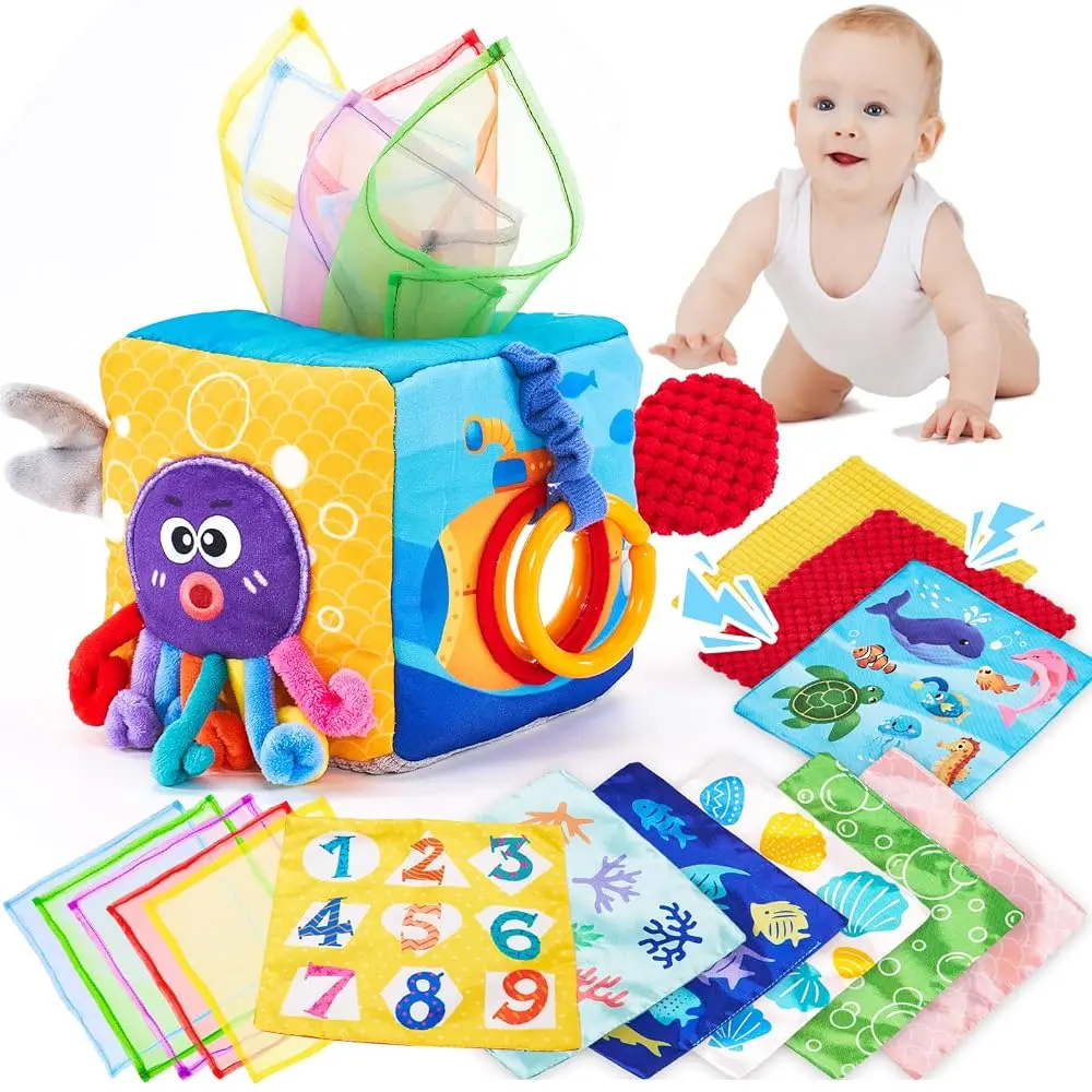 hahaland Baby Tissue Box Toy Marine Life - Montessori Toys for 6 Month Old with Textured Tails, Cloth Tissues, Crinkle, Squeaky Sounds, Mirror - Easter Basket Stuffers for Babies Gifts Sensory Nursery Learning Toddlers Valentine's Day Gift for Kids Magnet