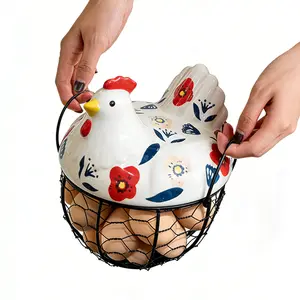 Farmhouse Style Ceramic Chicken Egg Basket withMetal Wire and Lid, Decorative Multi-FunctionalKitchen Storage Box for Eggs Fruits Vegetables, Food Storage Organizer