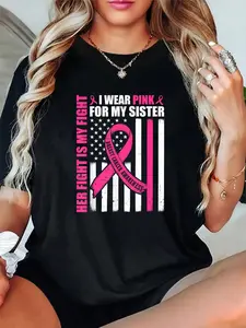 Unisex 100% Cotton I Wear Pink Sister Breast Cancer Her Fight Is My Fight Flag T-Shirt – Eye-catching Design, Everyday Casual, Street Style Tee