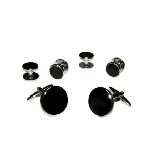 Black Circular Enamel in Silver Setting Studs & Cufflinks Set