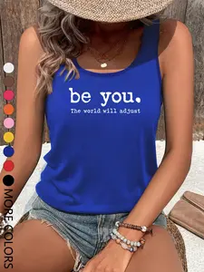 Women's Summer Letter Print Crop Top, Casual Loose Fit Sleeveless Vest Tank Top, Round Neck Heart Pattern, Multicolor Options, All Seasons Wear