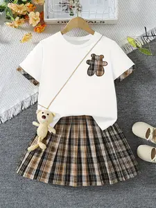 Girls' Vintage Plaid Bear Patch Short Sleeve Pleated Skirt Two-Piece Set, Preppy Style School Uniform, All Seasons