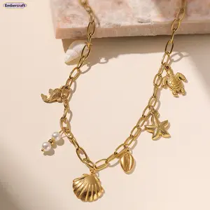 Coastal Beach Shell Necklace, 18K Gold Plated Stainless Steel Pendant Jewelry for Women, Summer Vacation Aesthetic Accessory for Beach Outfits, Travel & Daily Styling