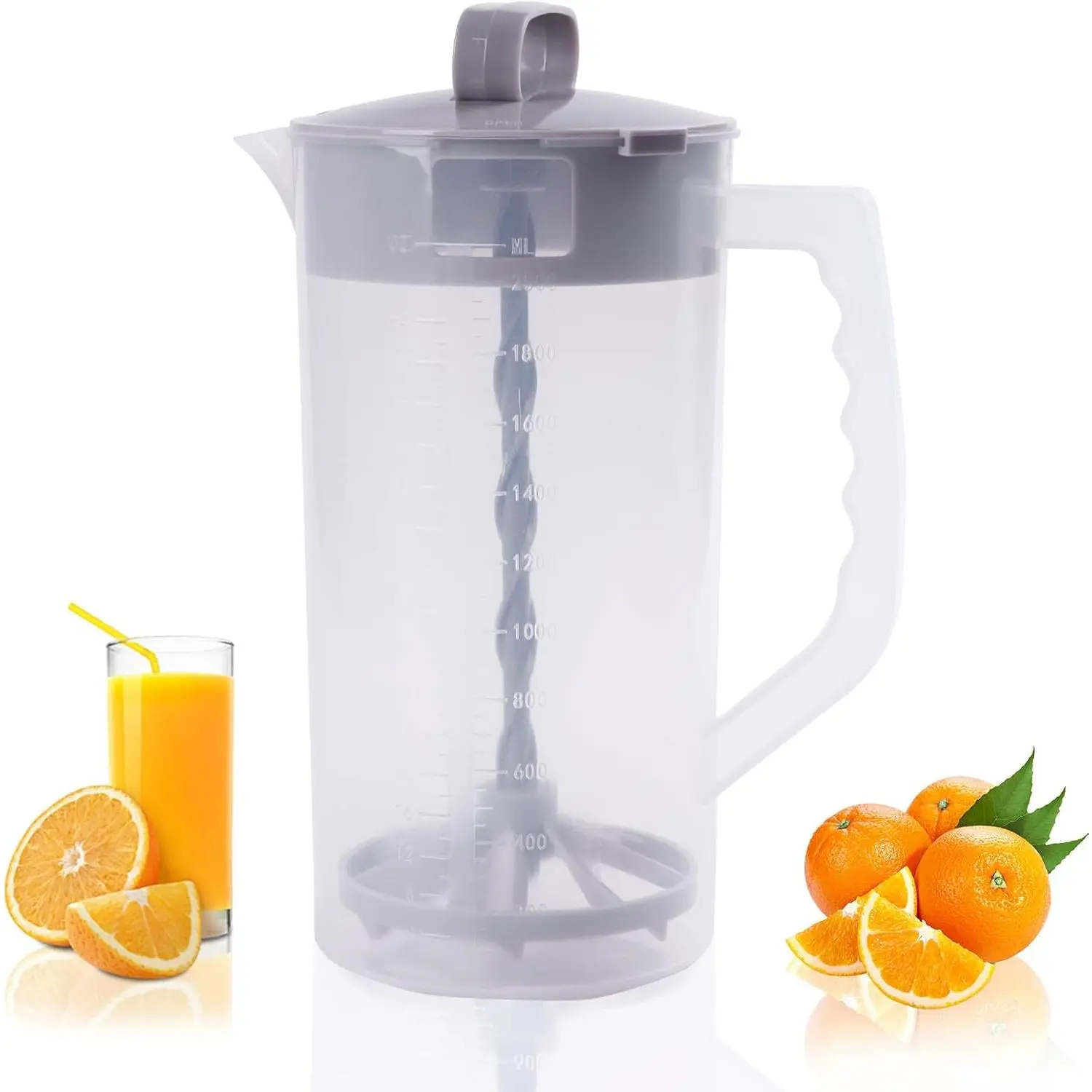 2 Quart/64oz Mixing Pitcher with Adjustable Plunger & Lid - , Leakproof Drink Container for Juice, Formula,  - Wide Mouth, Easy Clean, Vortex Mixing Technolog