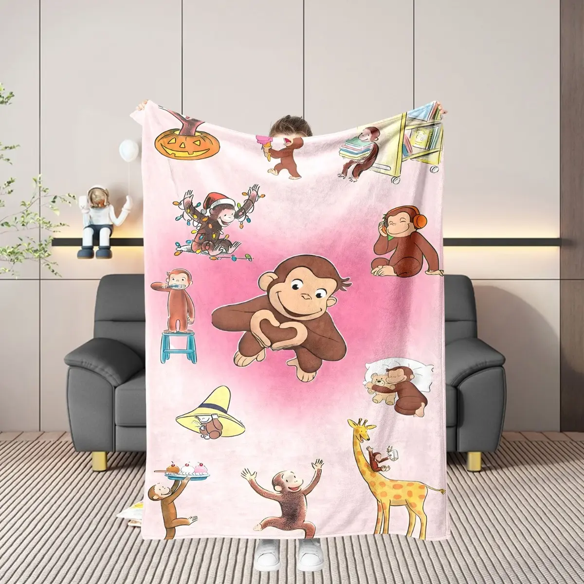 A Heart-Shaped Monkey Inspired Design Warm Blanket, 2D All-Season Universal Gift, Pink Color Monkey Air-Conditioning Blanket, Comfortable Fabric Background Blanket, 1pc Flannel Air-Conditioning Blanket Can Be Used As A Gift for Family and Friends