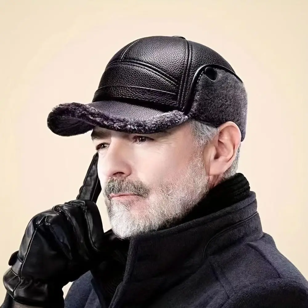 Street Style Men’s Winter Faux Leather Earflap Duckbill Cap with Ear Warmers, Warm Cold Weather Headwear for Elderly