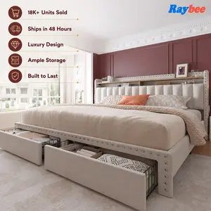 RaybeeFurniture Bed frame for Queen Bed Frame with Headboard&Storage,NO MATTRESS,  Luxury Upholstered Bed Frame with Storage, 2 Drawers & Shelf on Headboard, NO Noise, KING, FULL, Twin, Mother's Day Gifts