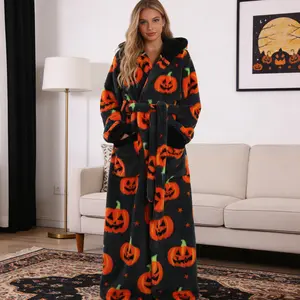 280g Printed Robe - Hooded Women's Style with Unique Pumpkin Pattern Design for Extra Warmth and Comfort Soft Plush Material Long Sleeve Extended Length Versatile Winter Wear